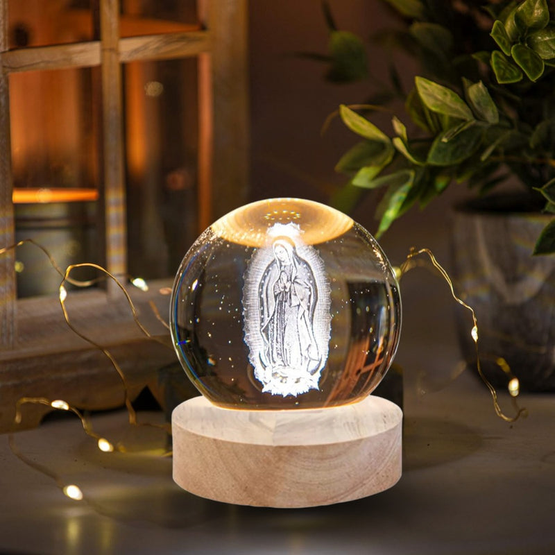 Lampara Esfera de Cristal 3D con Base de Madera